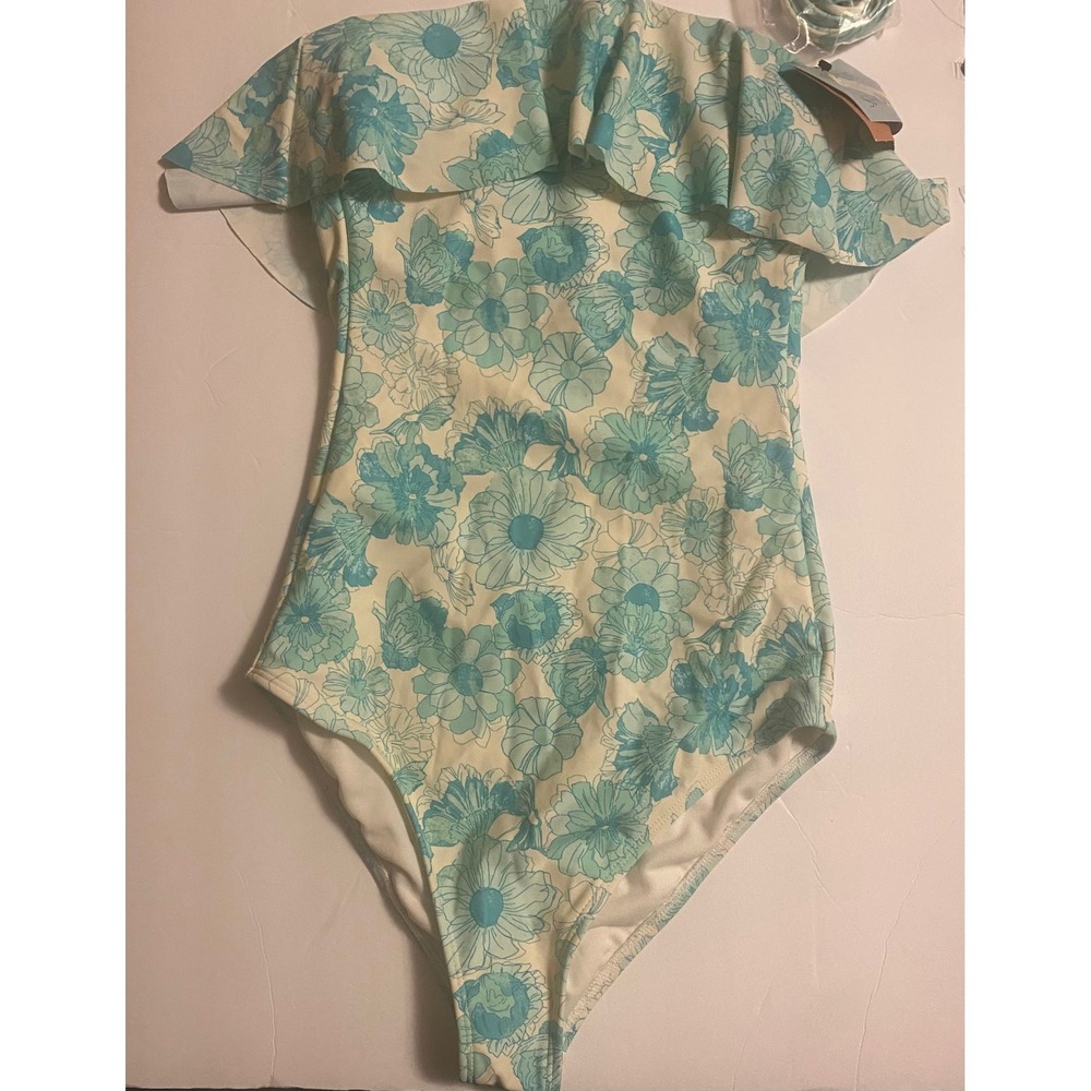 Shade & Shore Womens Teal Floral Ruffle One Piece Swimsuit Cheeky Size S 4-6 NEW